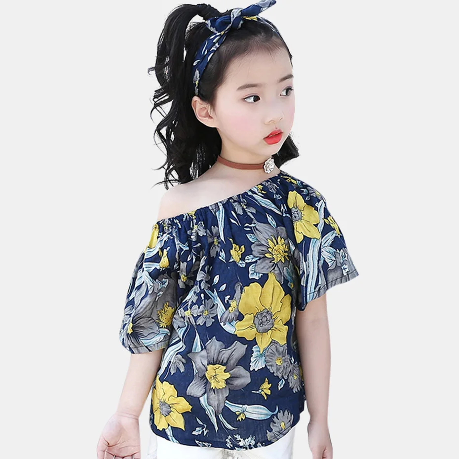 

Girl Shirt Floral T-shirt Kids Off Shoulder Girls Top Summer T-Shirt Girls Fashion Kids Clothing Teen Children's Costume 4-14 Y