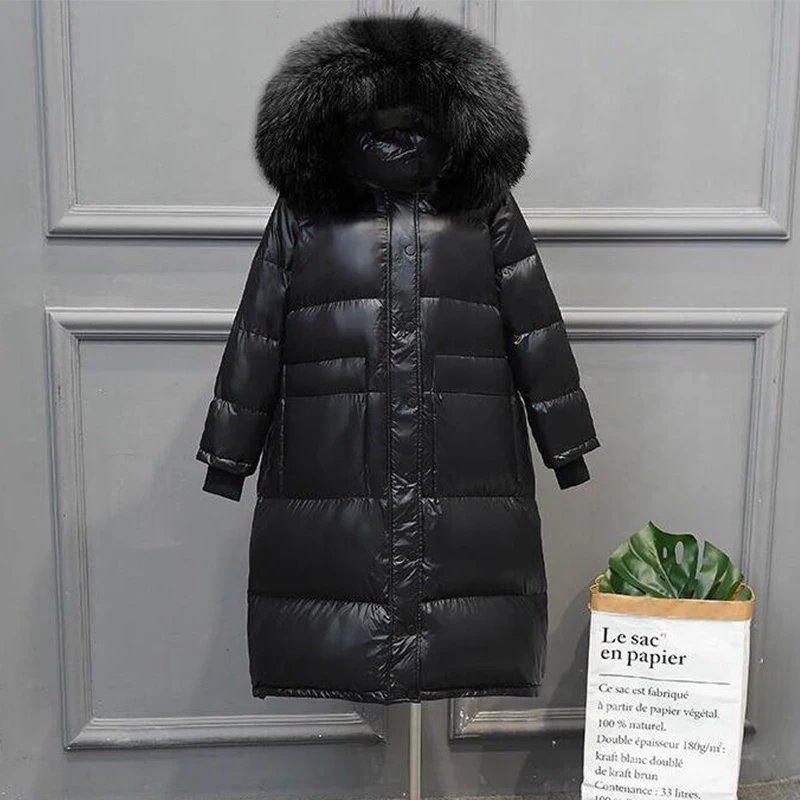 

2019 Fashion Women Down Coats Winter Warm Natural Raccoon Fur Collar Black Thick Casual White Duck Down Long Jackets Loose Coat
