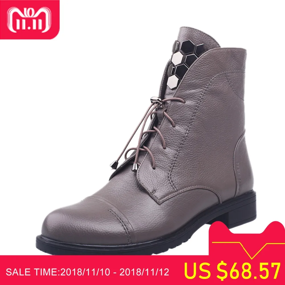 

MARHEE Winter Genuine Leather Black Gray Blue Ankle Boots Women Casual Shoes Sheepskin 3CM Flat Heels Lace-Up Ladies Booties