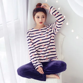 

JINUO purple color simple design love stripes home clothes woman super soft pajamas suit for winter loose wait round neck