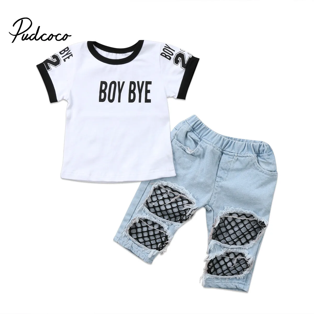 

2018 New Kids Baby Girls T-Shirt Tops Mesh Hole Denim Pants Harem Leggings 2018 Girls Outfits Clothes