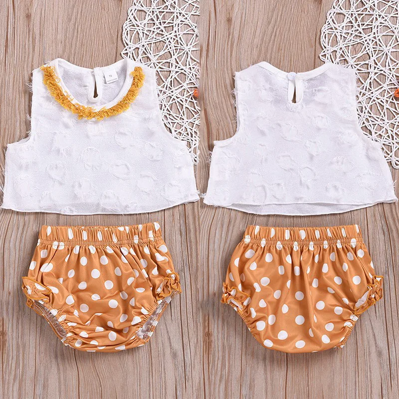 

Summer Baby Girl Casual Sleeveless Strap Cotton Tops Vest Dot Pattern Briefs Shorts Outfits Set Hot Sale
