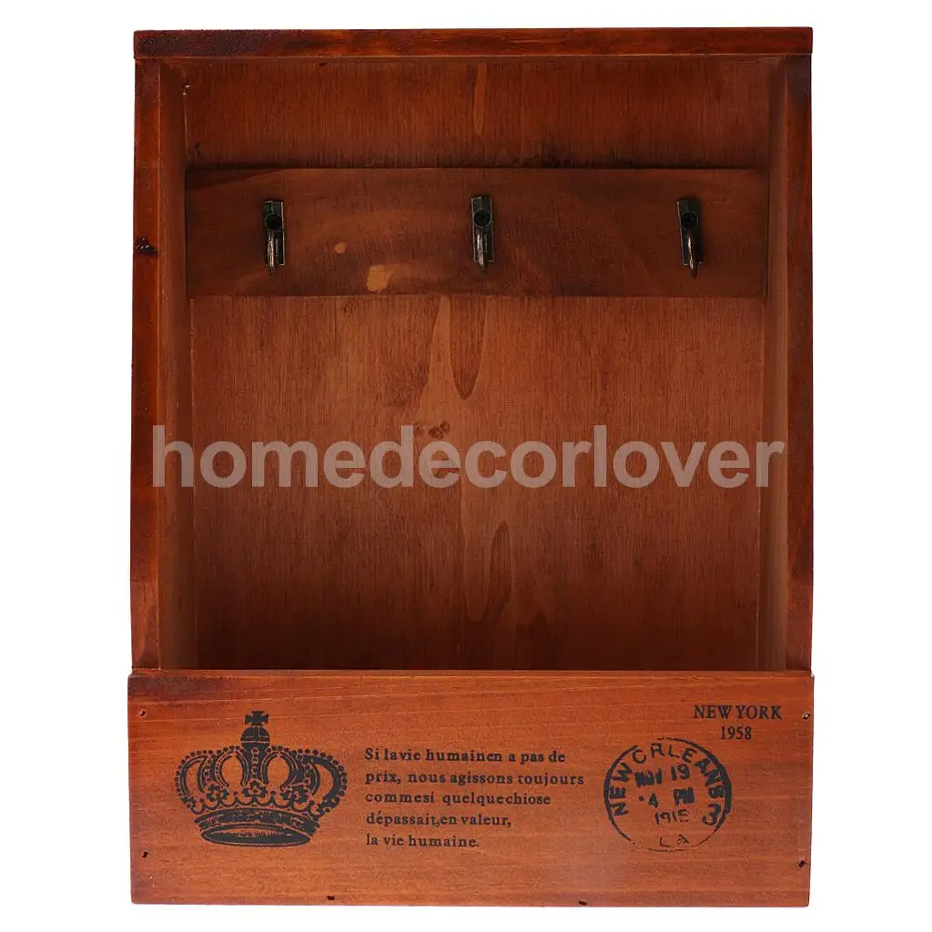 Retro Wall Mount Key Rack Storage Box Shelf Wooden Cabinet Cubby Letter Mail Holder Case