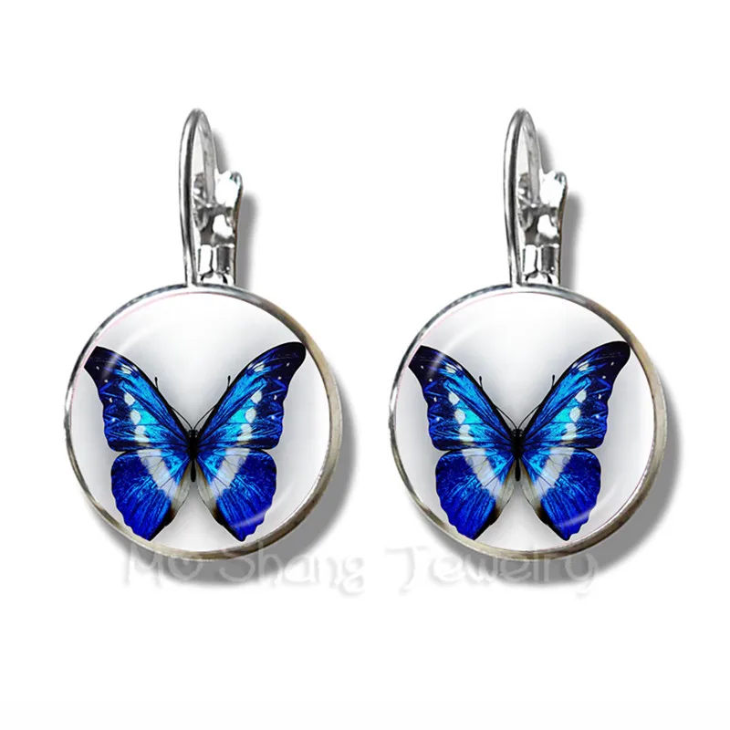 

New Beautiful Purple Butterfly Earrings Art Picture 16mm Glass Cabochon Dome Silver Plated Stud Earrings For Women Creative