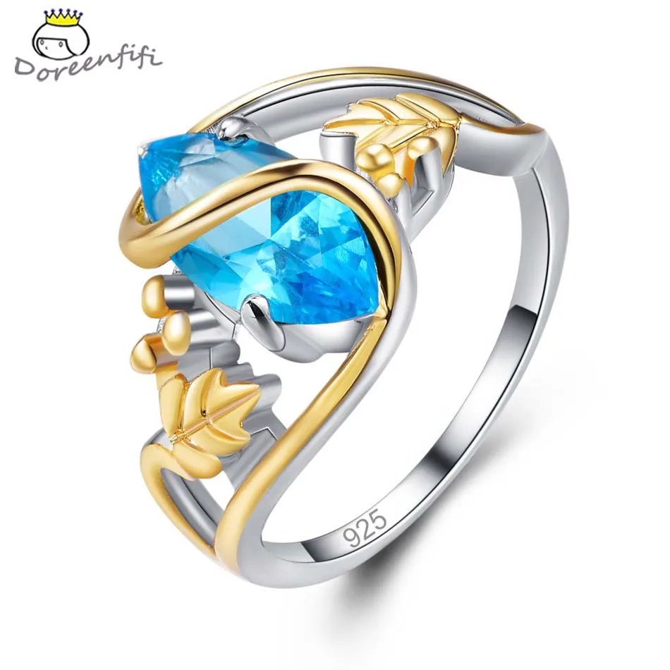 

Wholesale Blue Green CZ Tourmaline 925 Sterling Silver Ring Gold Color Leaf Jewelry for Women Engagement Wedding Size 6 7 8 9