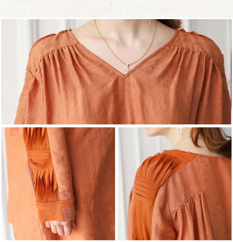 VOA шелковая футболка, льняная женская футболка, пуловер с v-образным вырезом, больше размера d размера плюс 5XL, свободная оранжевая Летняя Повседневная Базовая футболка с длинным рукавом B521