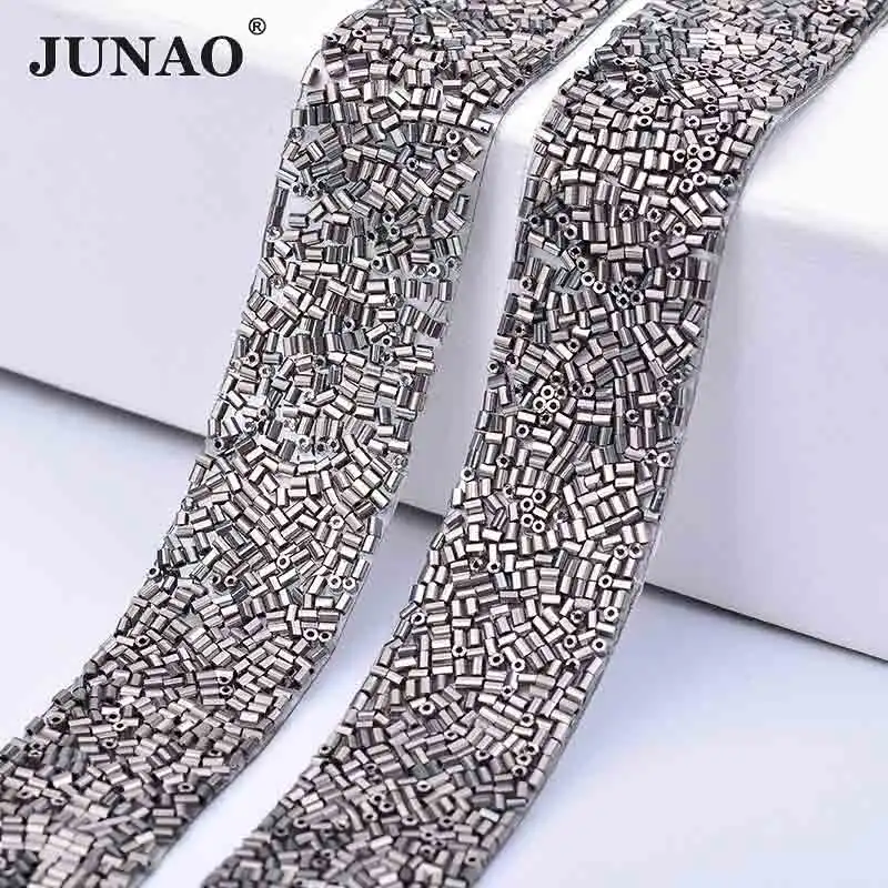 

JUNAO 23mm*360mm Gray Color Hotfix Rhinestones Chain Trim Crystal Fabric Glass Beads Mesh Crystal Appliques Strass Band for DIY