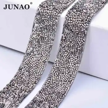 

JUNAO 23mm*360mm Gray Color Hotfix Rhinestones Chain Trim Crystal Fabric Glass Beads Mesh Crystal Appliques Strass Band for DIY