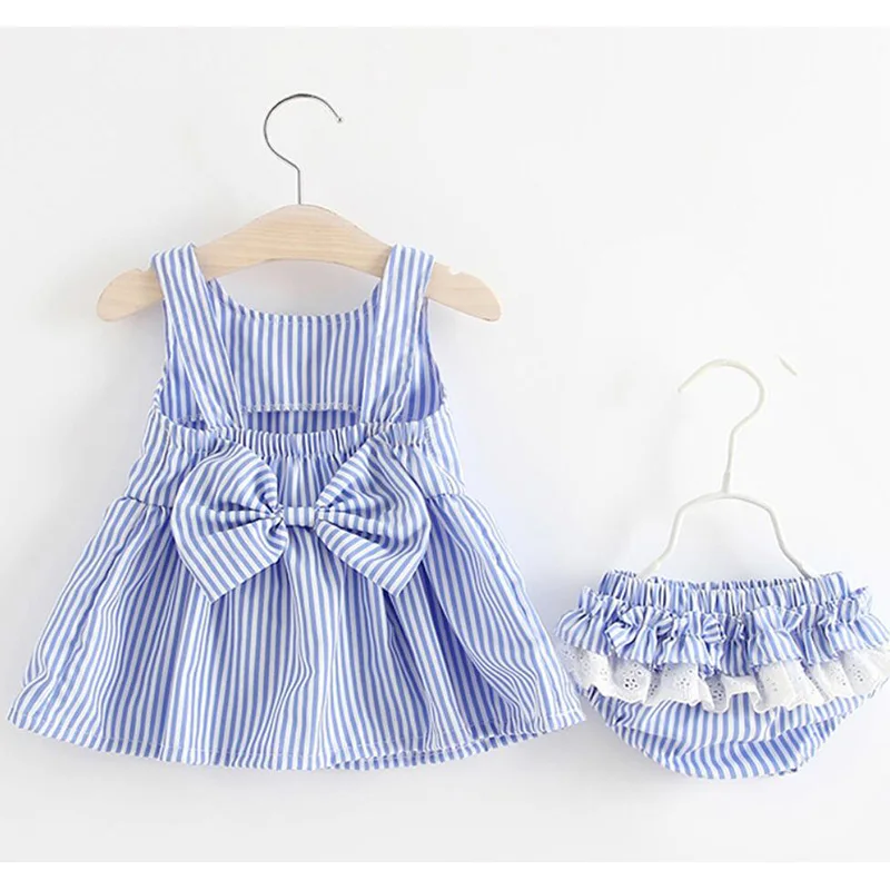 Newborn Dress Clothes For Baby Girls Cute Bowknot Stripe Sleeveless Girl Dress With PP Pants Infant 2pcs Kids Clothing Sets