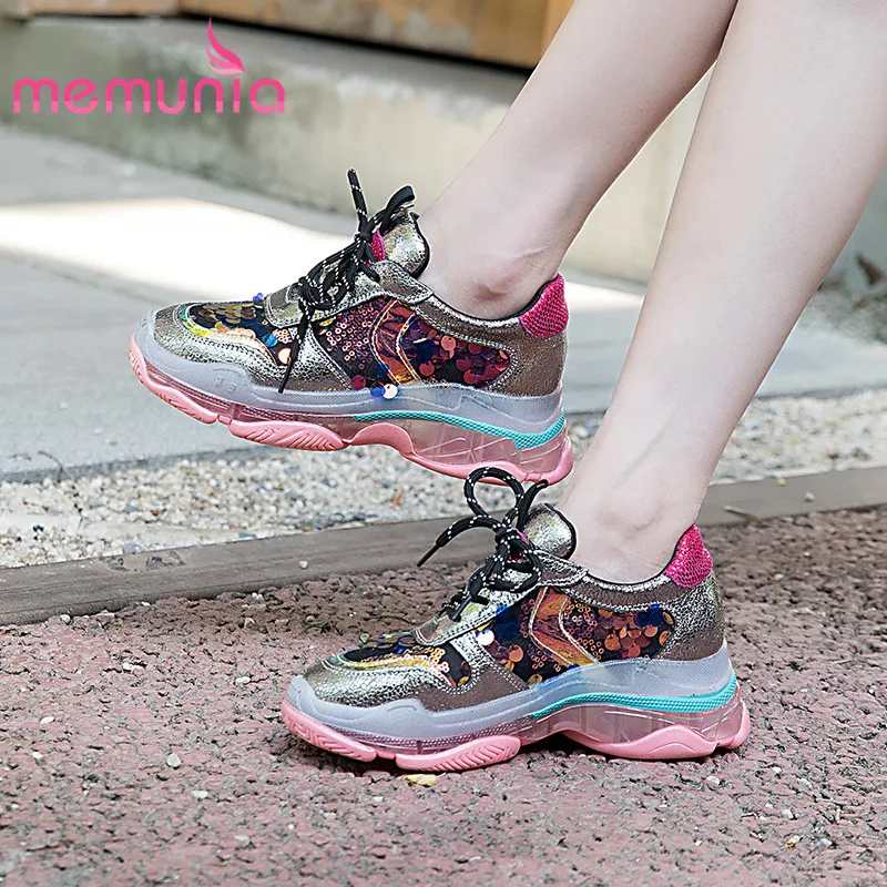 

MEMUNIA 2019 wedges heel genuine leather casual shoes women sneakers sequined spring summer Vulcanized shoes