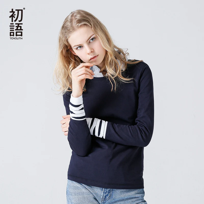Toyouth Vintage azul Camisetas para mujeres otoño rayas costura de manga larga Camisetas Casual sólido cuello redondo Basic Camisetas Mujer Toyouth Vintage azul Camisetas para mujeres otoño rayas costura de manga larga Camisetas Casual sólido cuello redondo Basic Camisetas Mujer