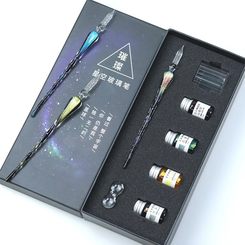 

Star glass pen dipped in fountain pen gift box students use golden pastel ink dipped fountain pen creative glass pen
