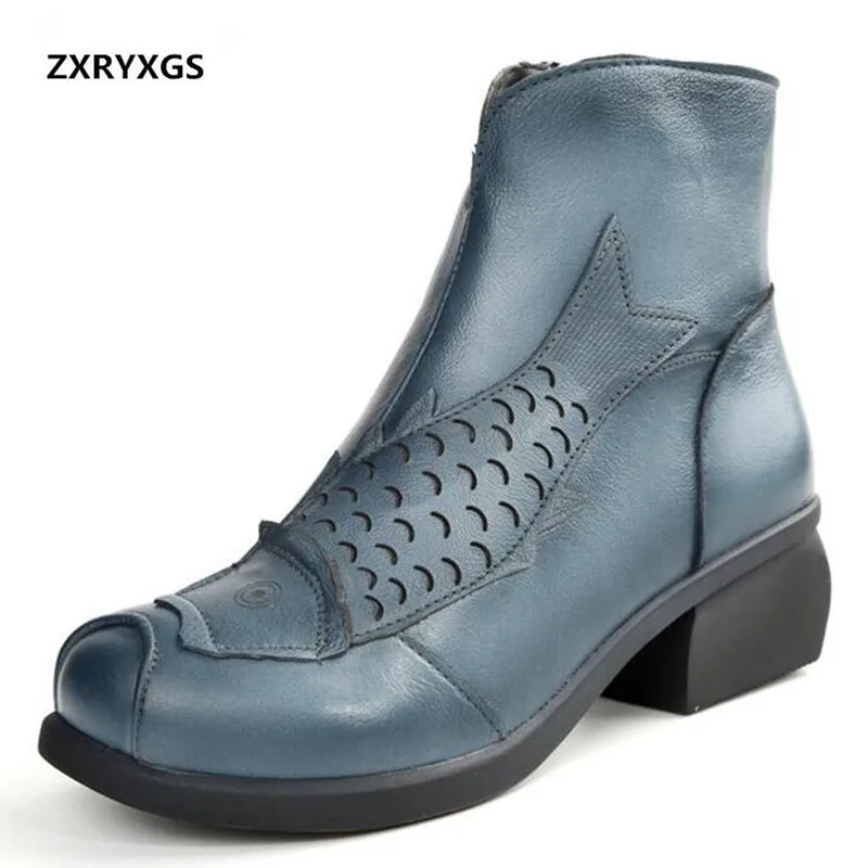 

Handmade Retro Women Boots Ankle Boots 2019 New Autumn Winter Shoes Woman Fashion Boots Pure Cowhide Leather Boots Blue Yellow