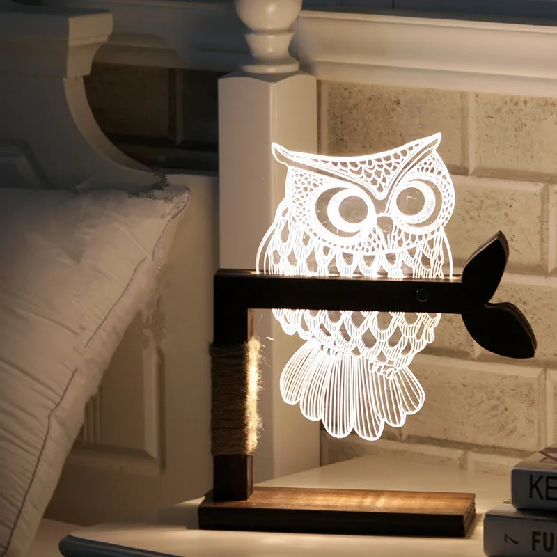 ZPAA Деревянный 3D светодиодный ночник с изображением животных Совы теплое