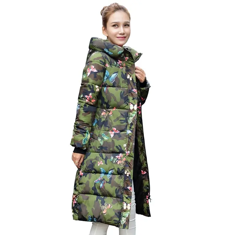 

Fashion Winter Jacket Women 2017 Print Thick Warm Female Jacket Cotton Coat Knee Length Parkas Jaqueta Feminina Inverno MZ1998