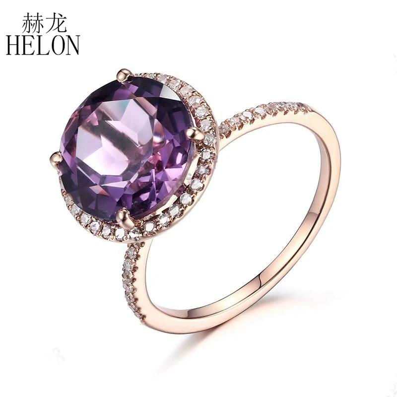 

HELON Solid 10K Rose Gold Flawless Round 9.5mm 3.89ct Amethyst Ring 0.2ct Diamonds Halo Engagement Wedding Ring Women's Jewelry