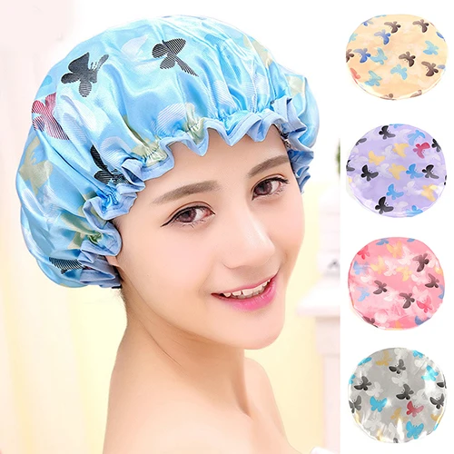 Women Fashion Cute Butterfly Print Shower Cap Bathing Salon Waterproof