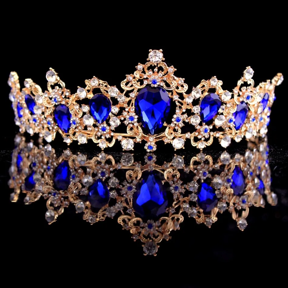 Корона в стиле барокко, красный, синий, зеленый кристалл, свадебная корона-тиара, винтажные золотые аксессуары для волос, свадебные стразы, диадема, пышные короны - Окраска металла: Blue