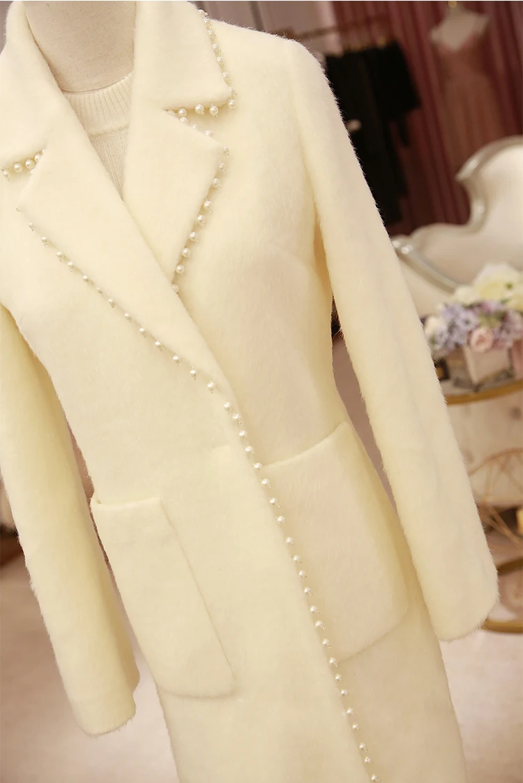 

KENVY Brand Fashion Women's High-end Luxury Winter Mohair Pocket Beaded Wool Coat Woolen