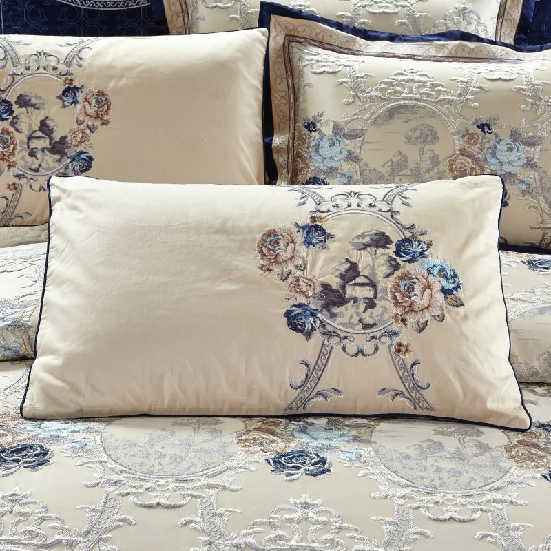 Cotton Flat sheet Bed Spread Duvet Cover Pillowcases Blue Jacquard Luxury Bedding Set 10