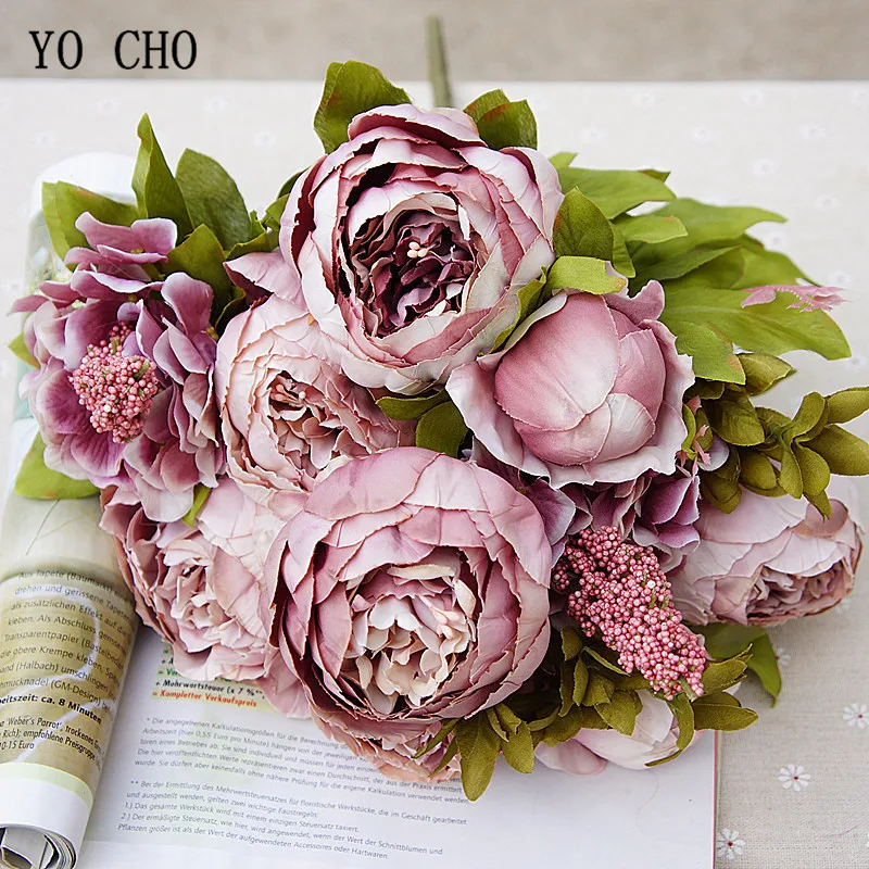 YO CHO 13 вилок, высокое качество, роза, 8 головок, искусственный цветок, розовый большой пион, букет для дома, Свадебный декор, свадебный букет, Шелковый цветок