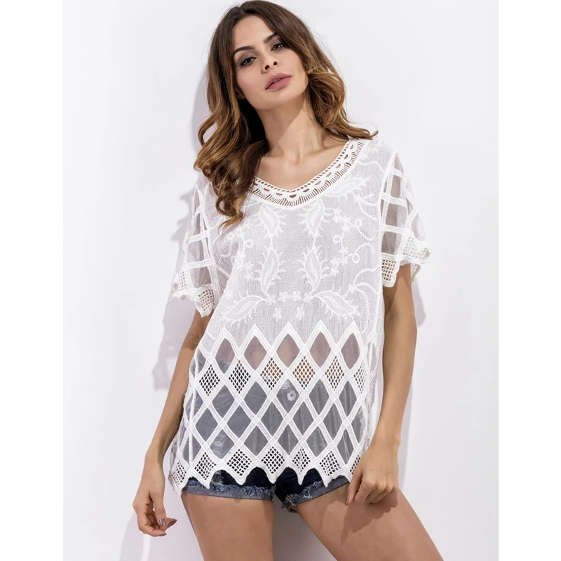 Hollow Out Short Sleeves Sexy Bikini Cover Blouse Women White Summer