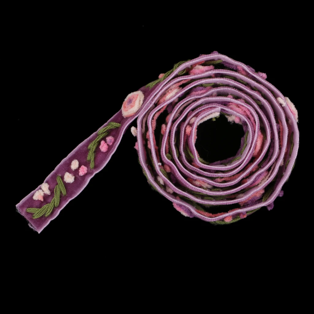 1 Yard Elegant Flower Embroidered Velvet Ribbon Lace Trim Purple for Sewing Decoration DIY Craft Handmade Accessories 15mm Wide