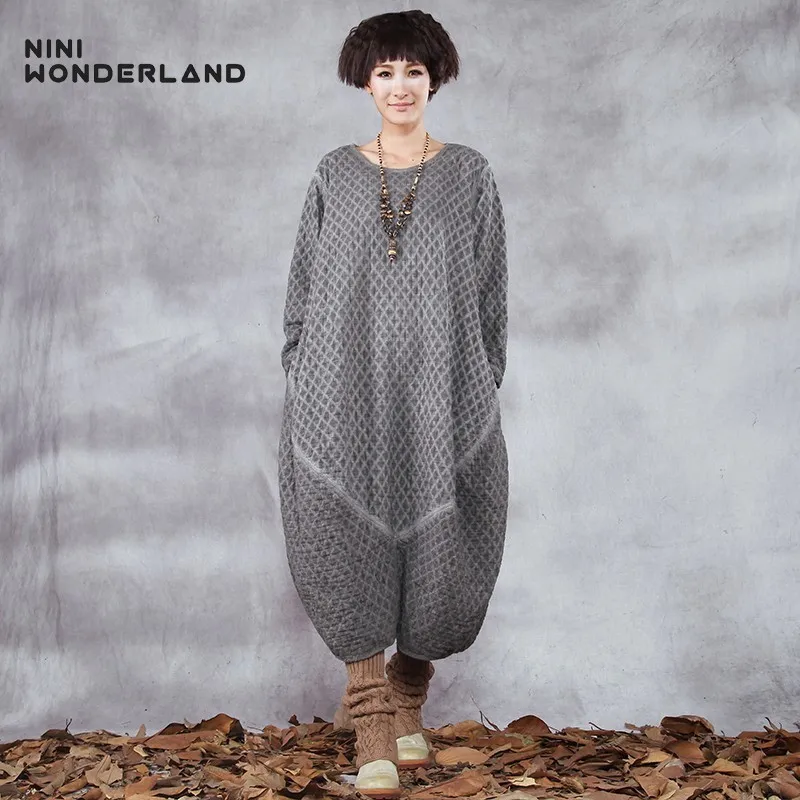 Женское платье NINI WONDERLAND осенне зимнее однотонное Хлопковое в клетку толстый