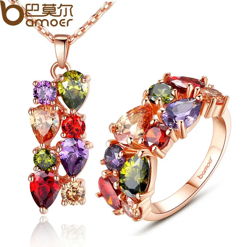 

BAMOER New Gold Color Mona Lisa Jewelry Sets amp More with Multicolor AAA Cubic Zircon for Women Anniversary Bridal Sets