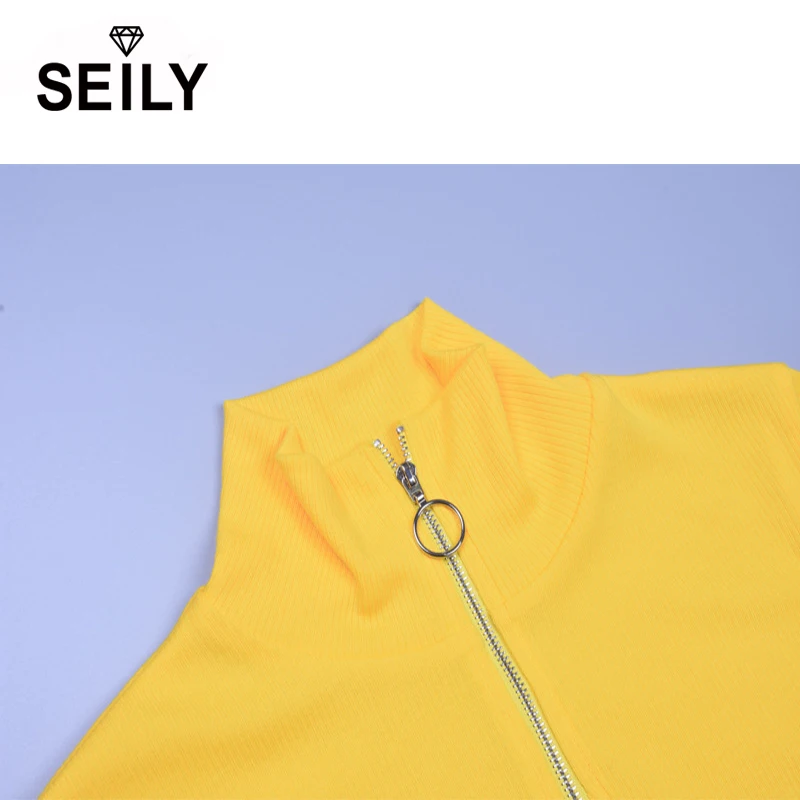 Seily Winter 2019 Letter Computer Knitted Yellow Turtleneck Sweater Women Zipper High Neck Long Sleeve Knitwear Pullover Sweter