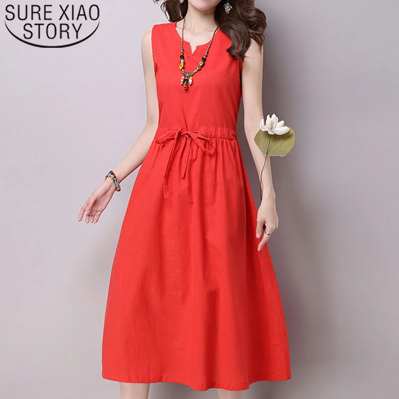 

Fashion women dresses 2022 Sleeveless Sashes Solid Empire O-Neck Summer elegant dress office ladies casual dress 3585 50