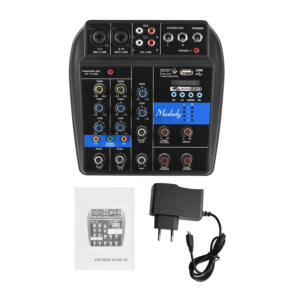 TU04 BT Sound Mixing Console Record 48V Phantom Power Monitor AUX Paths Plus Effects 4 Channels Audio Mixer with USB