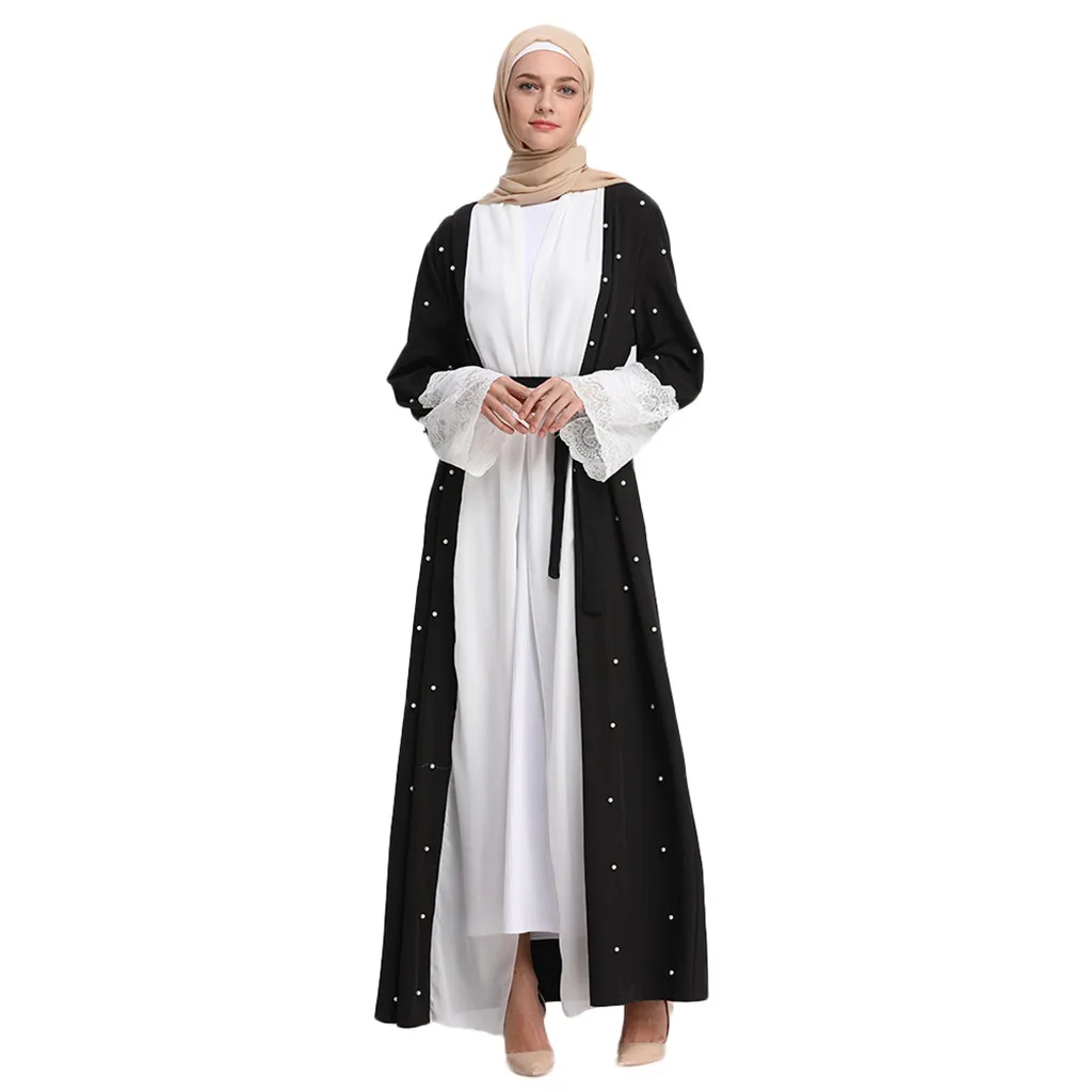 

Muslim Women Classic Black And White Pearl Embroidery Lace Side Cardigan Dress 4.17