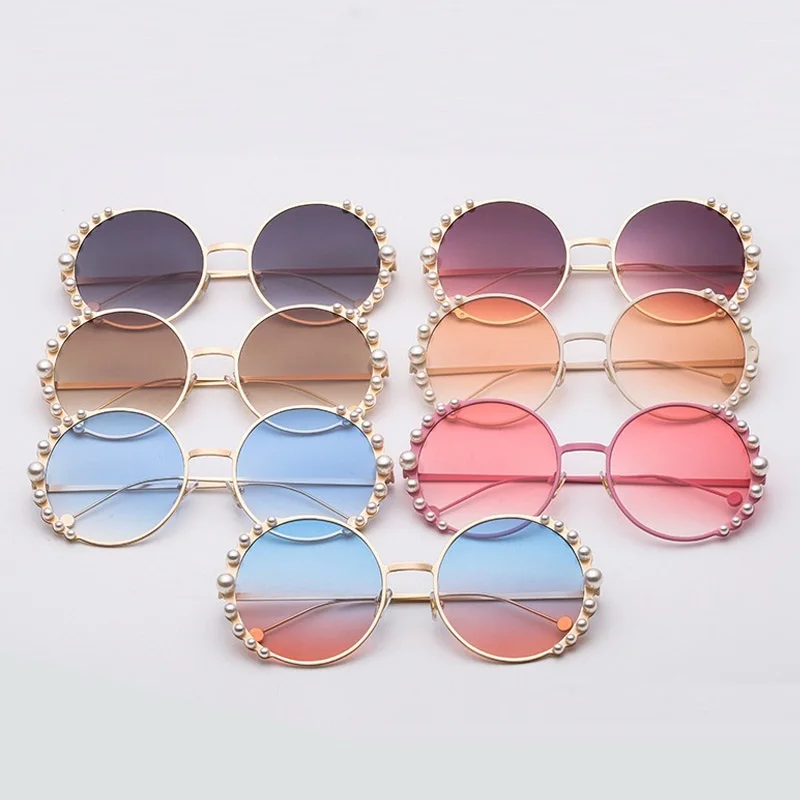 Luxury Beads Round Sunglasses Women Fashion Alloy Frame Brand Pearls Designer Sun Glasses For Female Brown Shades UV400 New