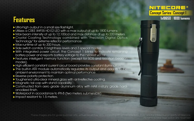 NITECORE C1 концепция 1 тактический фонарь XHP35 HD E2 светодиодный Макс 1800 люмен расстояние луча 220 м Магнитный задний фонарь