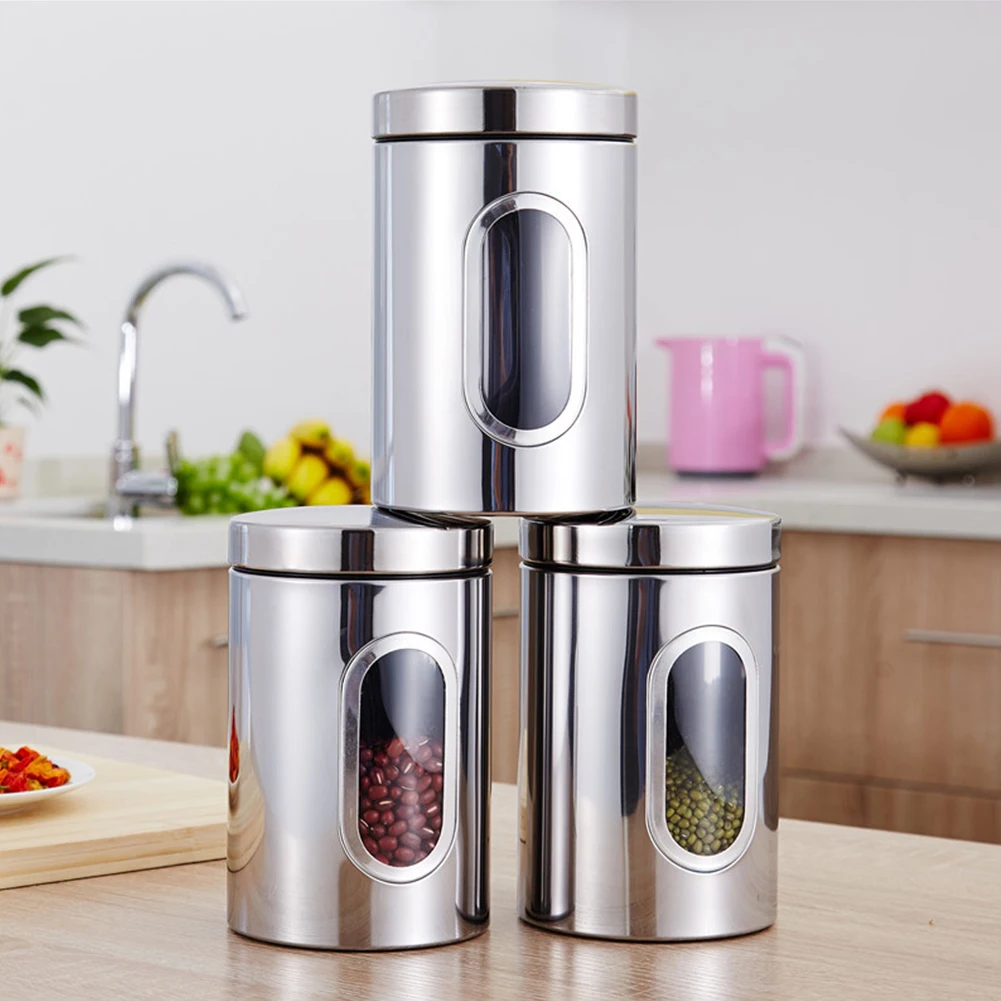 

3pcs Containers Storage Jar Food Transparent Stainless Steel Tea Coffee Grains Sugar Easy Clean Kitchen Container With Lid Cans