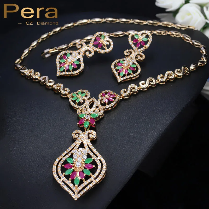 

Pera CZ Africa Women Wedding Yellow Gold Color Green And Red Crystal Stone Big Pendant Drop Necklace Jewelry Set For Brides J072