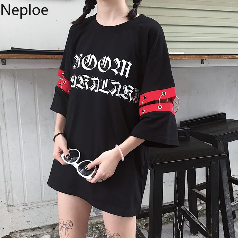 

Neploe Summer Black Female T-Shirt Japanese Harajuku Gothic Style Casual Tee Tops Letter Print Ring Design Women T Shirts 39063