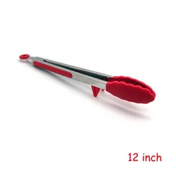Heat Resistant Stainless Steel Cooking Tongs with Silicone Tips and Stand Design - L (Red 12inch)