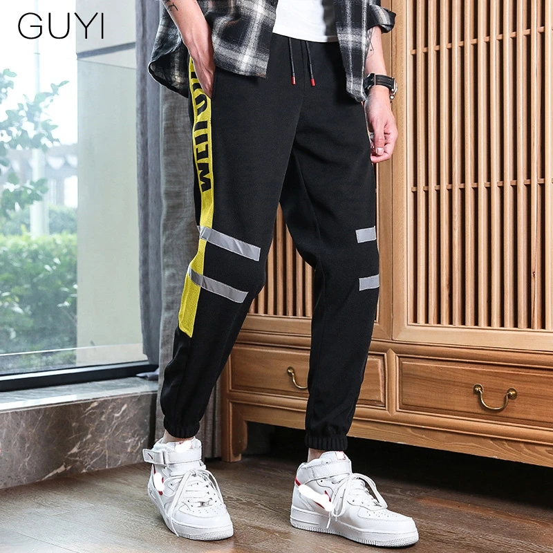 GUYI Sport Pants Men Full Length Drawstring Joggers Male Boy Fashion Casual Streetwear Trousers Print Side Stripe Black Letter | Мужская