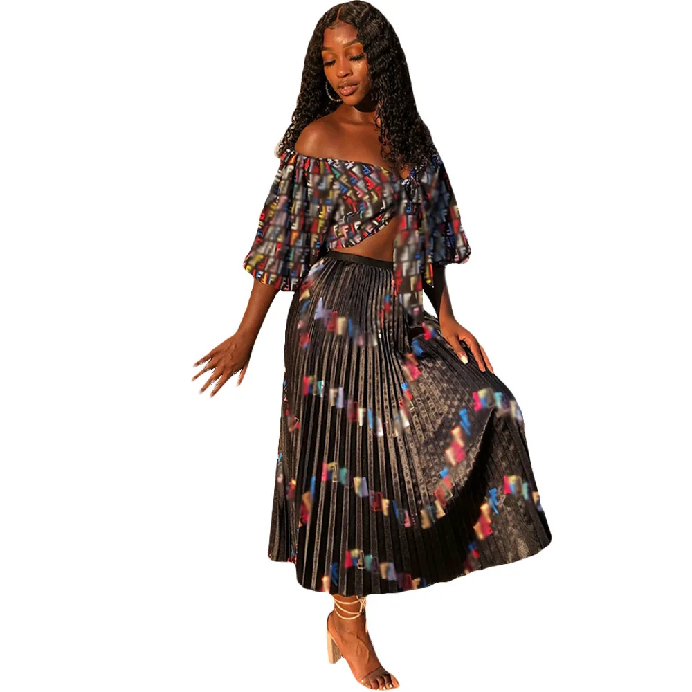 

Short Multicolor Bow Lantern Sleeves Trapless Wrapped Chest Tops. Mid-calf Length A-line Pleated Skirt Summer Women 2 Piece Suit