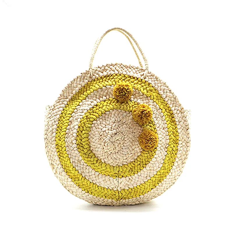 Summer Beach Bag Round Straw Totes Bag Straw Bags Tassels Pom Pom Women Natural Handbag Yellow