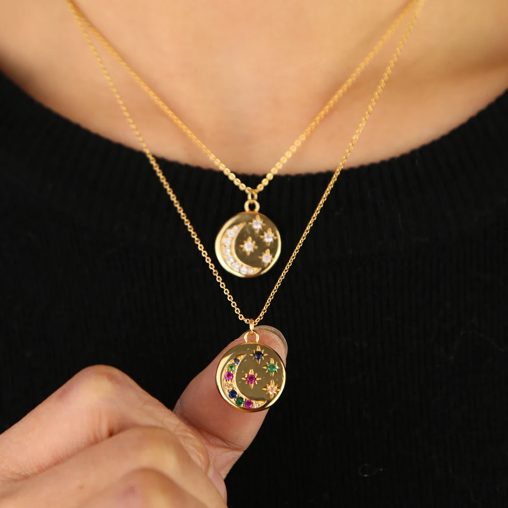 

Gold filled fashion classic women fashion jewelry round disco charm Coin pendant engraved colorful cz moon star necklace