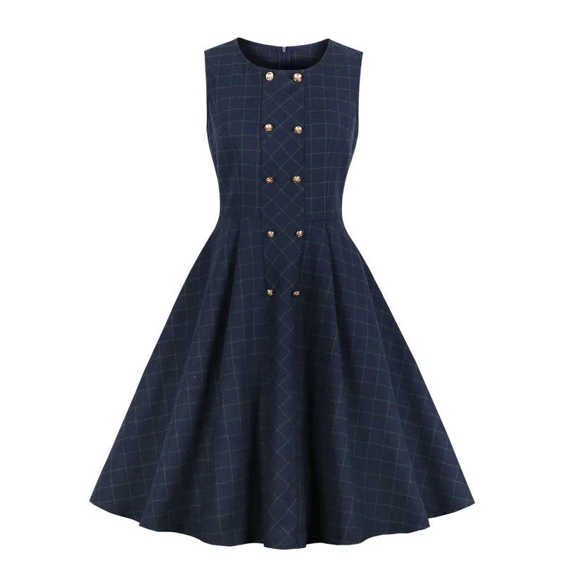 Joansam Plaid Print Women Vintage Summer Button Retro Hepburn Rockabilly 50s Dress Sexy Sleeveless Pinup Swing Party Dresses | Женская