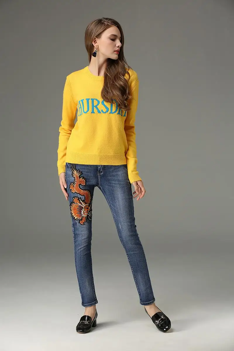 FTLZZ женский свитер с вышитыми буквами с понедельника по воскресенье 7 цветов свитер Пуловеры весна осень длинный рукав трикотажные топы - Цвет: Yellow
