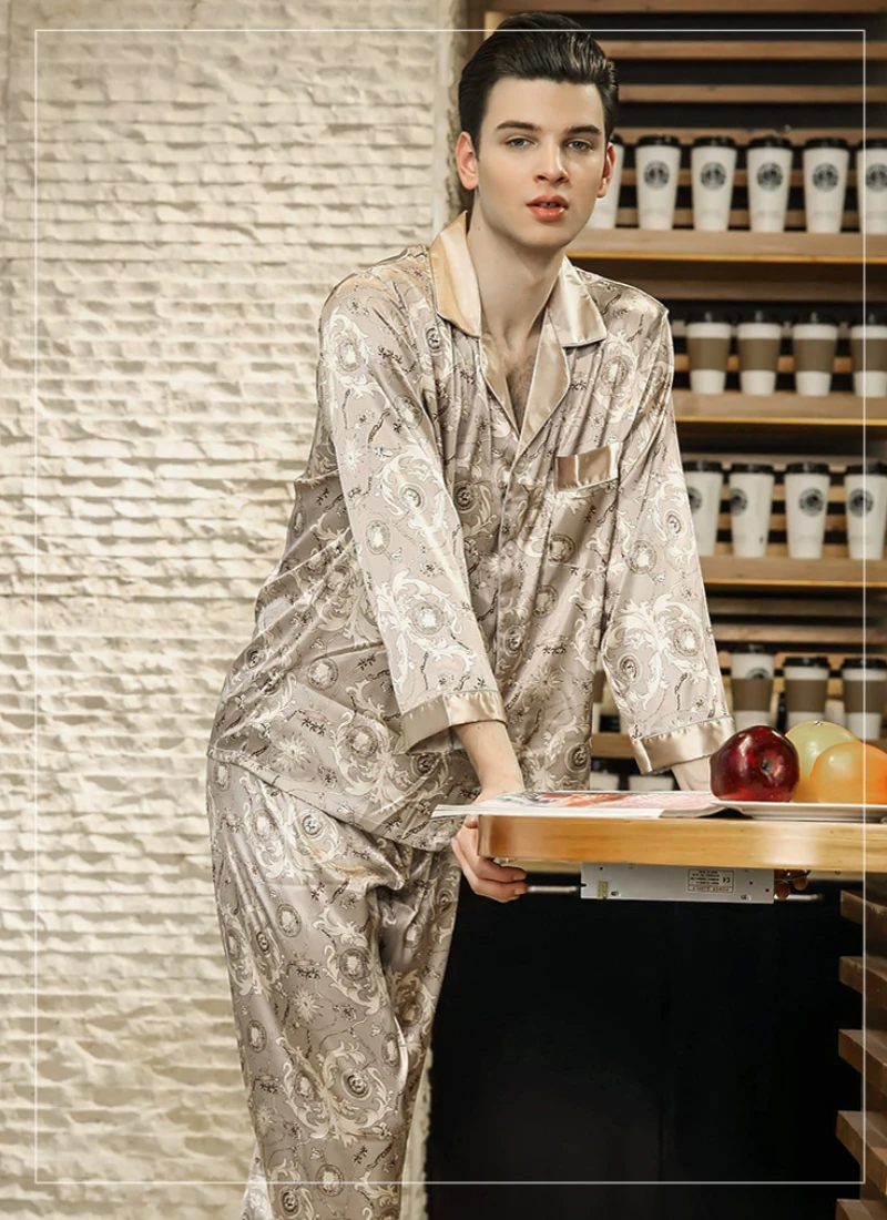 SSH0238 новая Пижама Мужская атласная Шелковая пижама с принтом Мужская весенне-осенняя длинная пижама с длинными рукавами пижамный комплект Высокое качество Мужская пижама