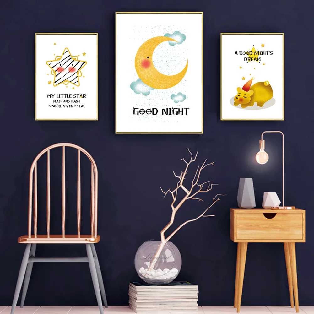 Cartoon Canvas Painting Yellow Poster Poster Kids Room Moon Painting Nordic Nursery Wall Art Canvas Moon Pictures Unframed