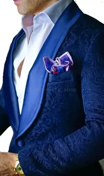 

2018 Men Suit 2 Pieces Luxury Blue Jacquard Tuxedo Party Dress Suits Slim Fit Fashion suits ( jacket+Pants)