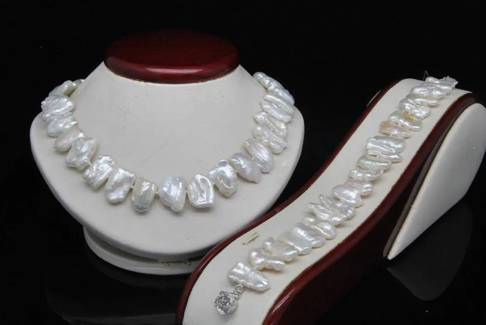 

Free shipping hot sale>>>>AAA Natural Shape White Biwa Pearl Necklace Bracelet Set (18" 7.5" Long)