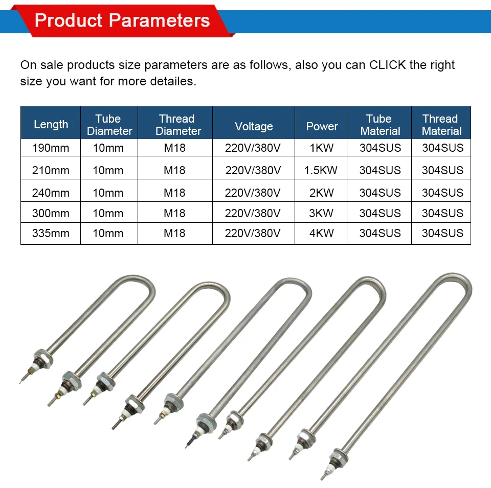 Aquecedor de Água Elemento para Aparelhos de Cozinha Ljxh Thread Tubular Elétrico 304 Único u Aço Inoxidável 220 v - 380 M18 6 Peças p aquecedor elétrico de água